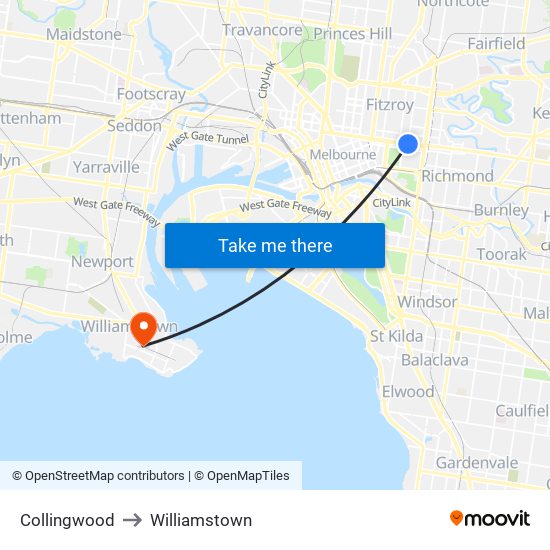 Collingwood to Williamstown map