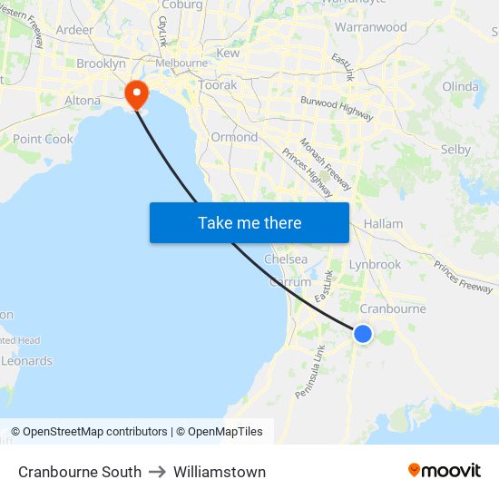 Cranbourne South to Williamstown map