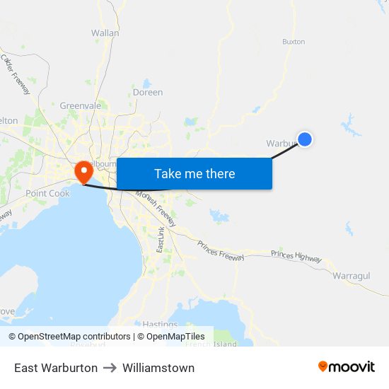 East Warburton to Williamstown map