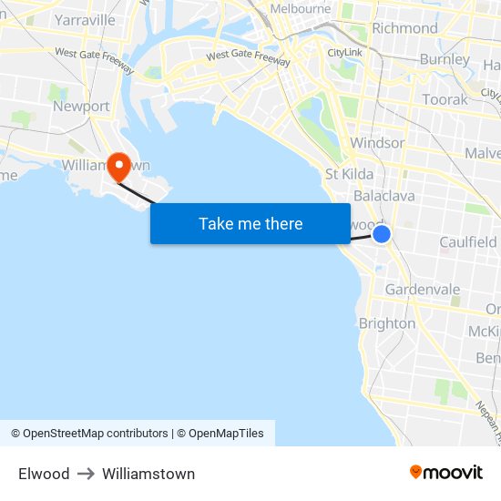 Elwood to Williamstown map