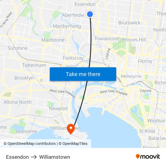 Essendon to Williamstown map