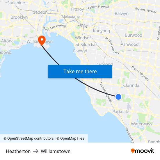 Heatherton to Williamstown map