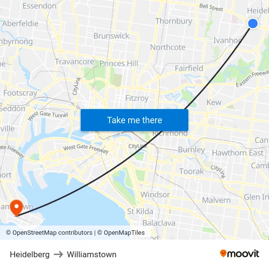 Heidelberg to Williamstown map