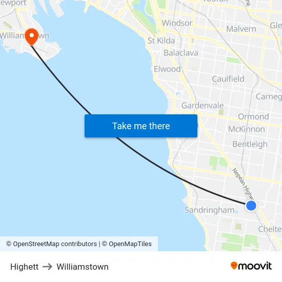 Highett to Williamstown map