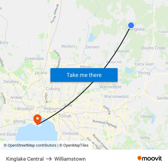 Kinglake Central to Williamstown map