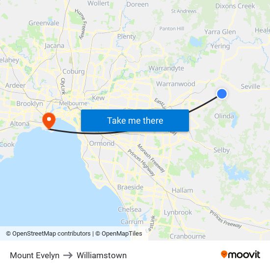 Mount Evelyn to Williamstown map