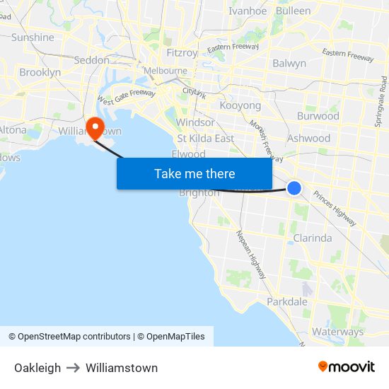 Oakleigh to Williamstown map