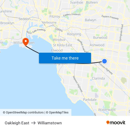 Oakleigh East to Williamstown map