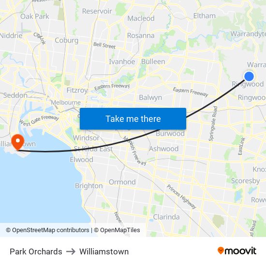 Park Orchards to Williamstown map