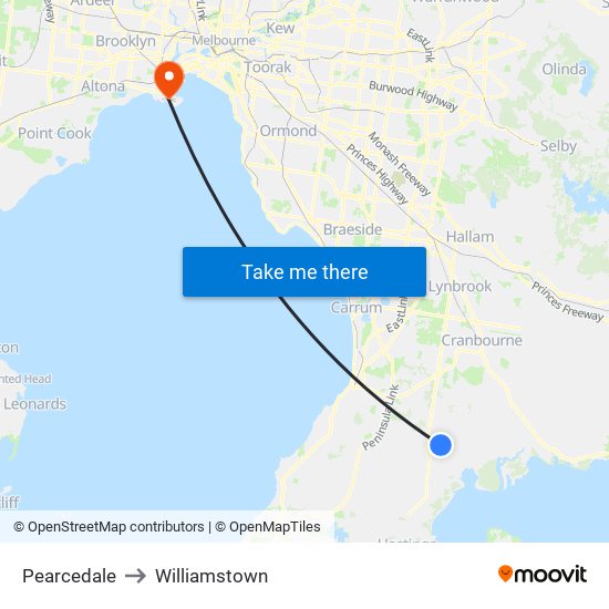 Pearcedale to Williamstown map