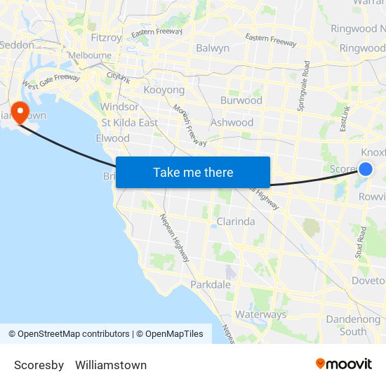 Scoresby to Williamstown map