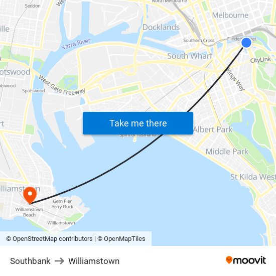 Southbank to Williamstown map