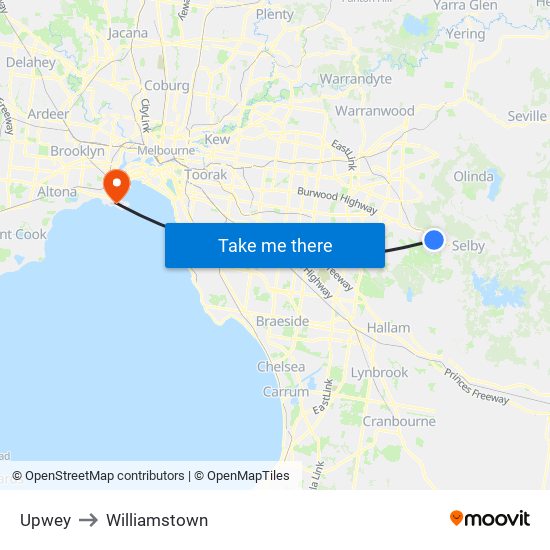 Upwey to Williamstown map