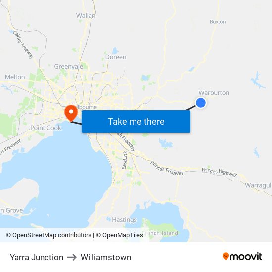 Yarra Junction to Williamstown map