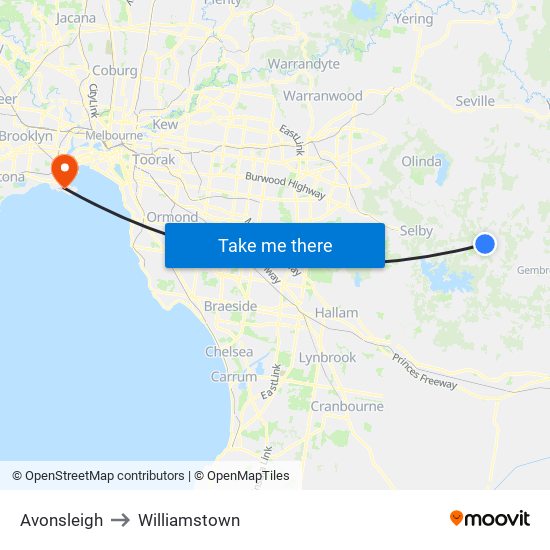 Avonsleigh to Williamstown map