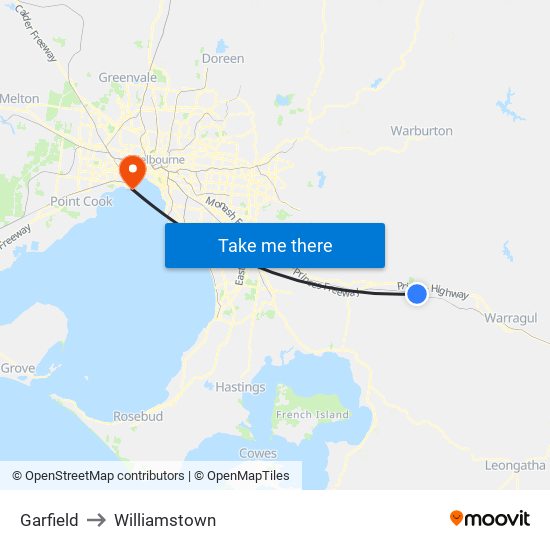 Garfield to Williamstown map