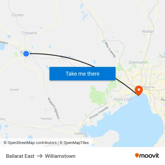 Ballarat East to Williamstown map