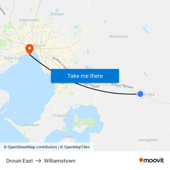 Drouin East to Williamstown map