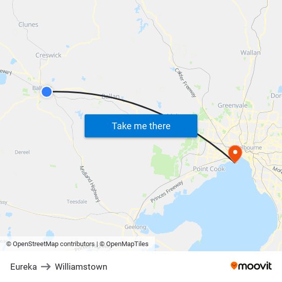 Eureka to Williamstown map