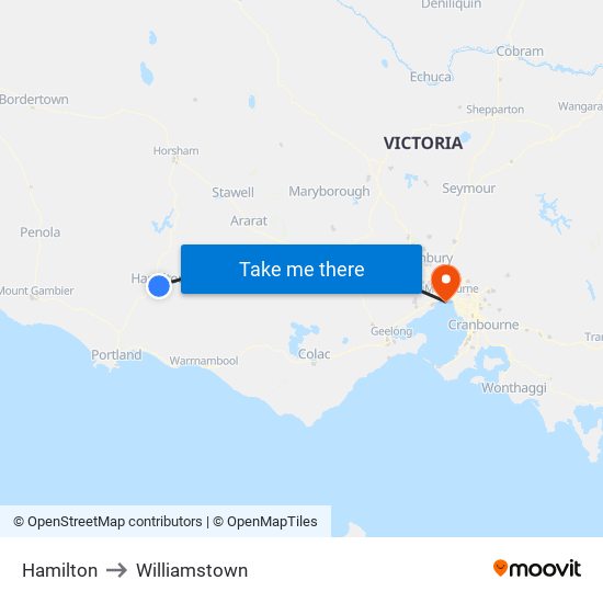 Hamilton to Williamstown map