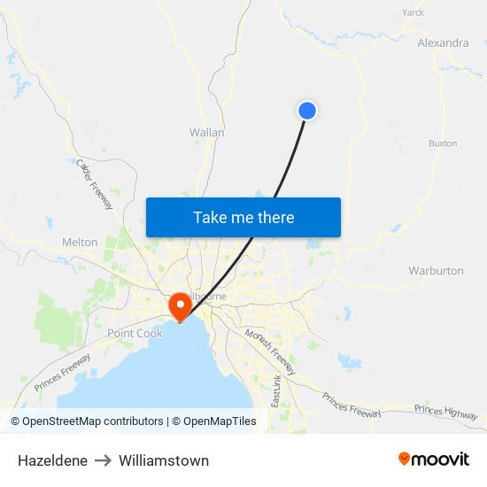 Hazeldene to Williamstown map