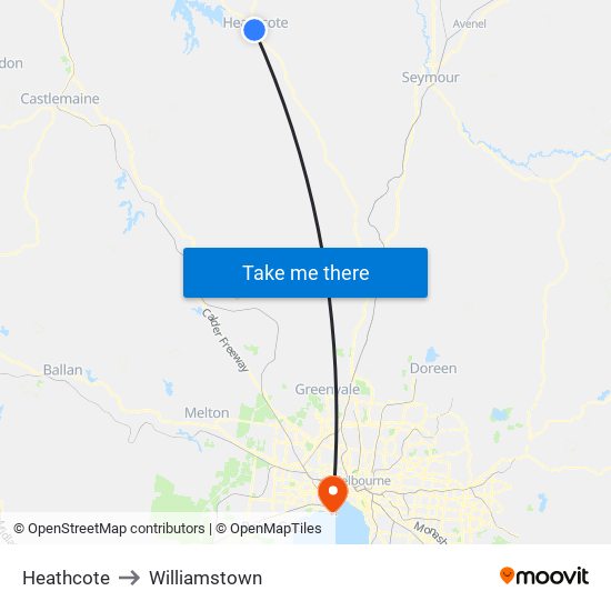 Heathcote to Williamstown map