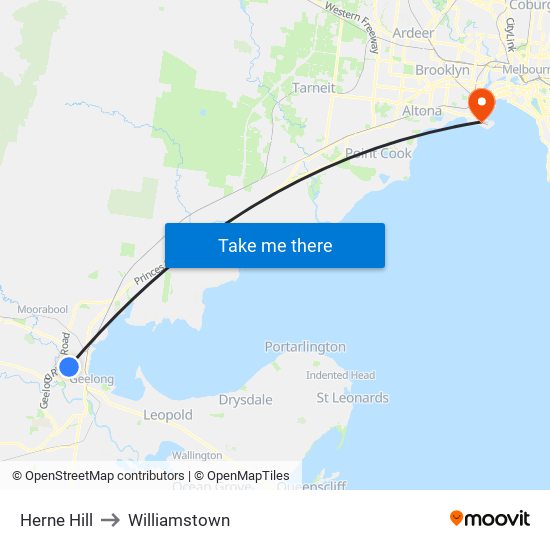 Herne Hill to Williamstown map