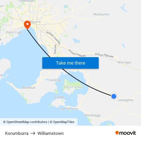 Korumburra to Williamstown map