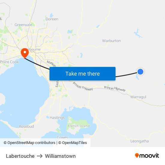 Labertouche to Williamstown map