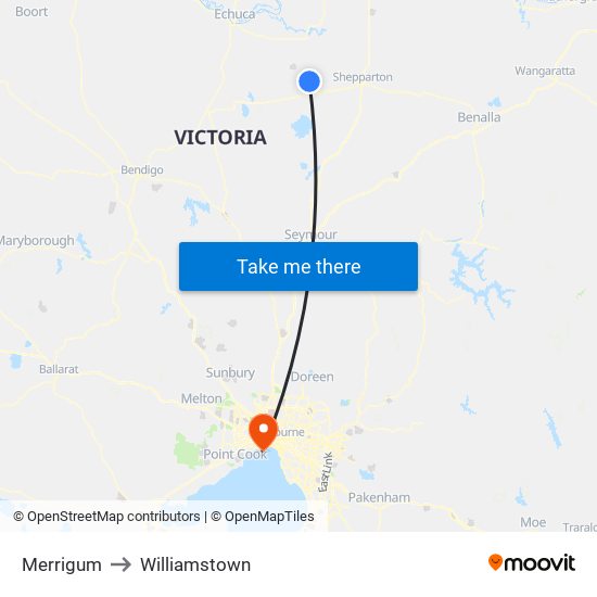 Merrigum to Williamstown map