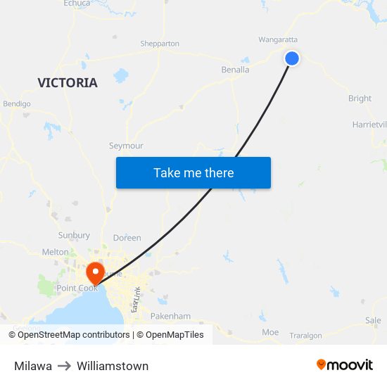 Milawa to Williamstown map