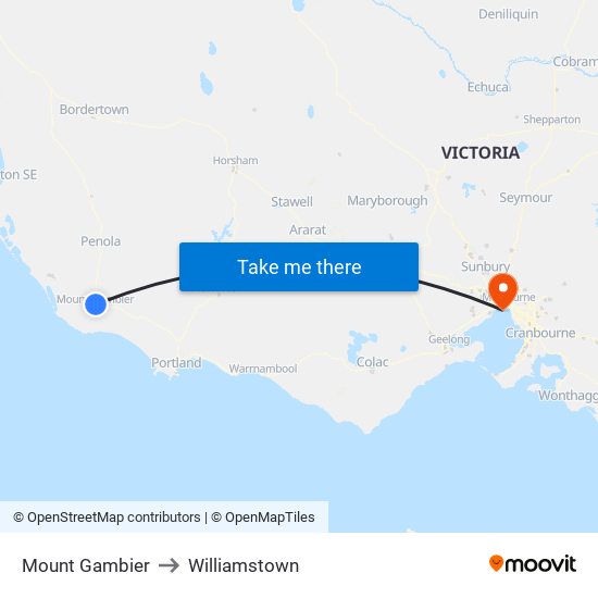 Mount Gambier to Williamstown map