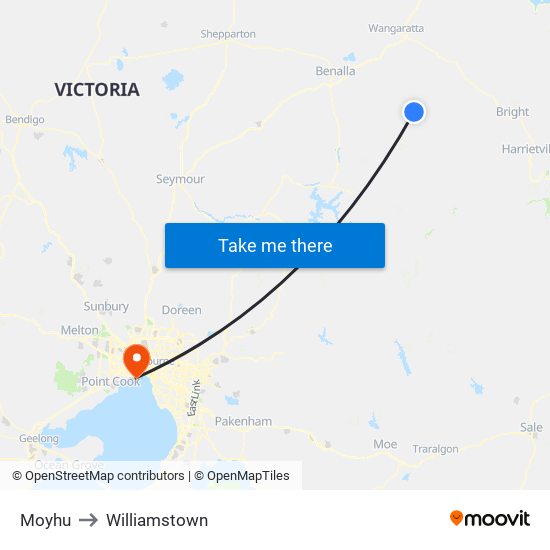 Moyhu to Williamstown map