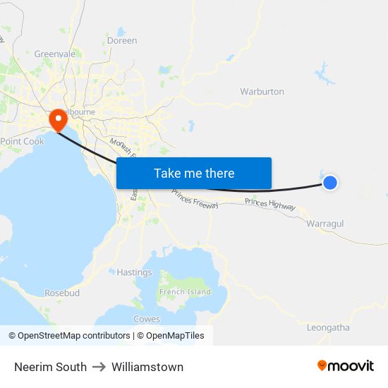 Neerim South to Williamstown map