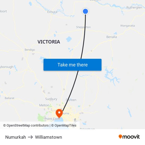 Numurkah to Williamstown map