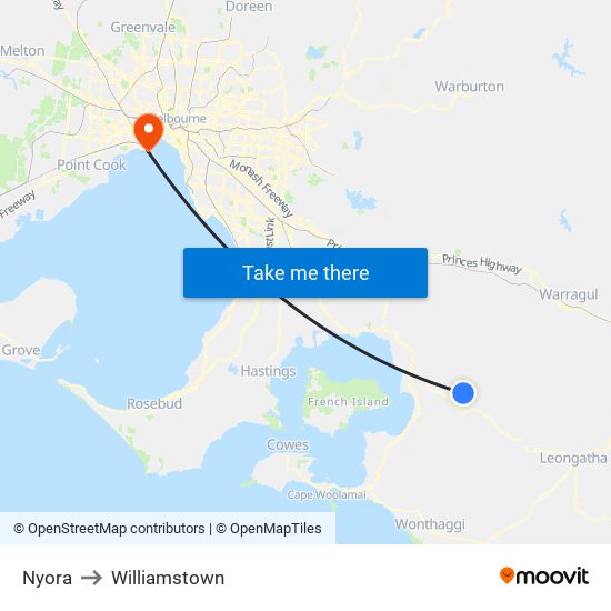 Nyora to Williamstown map