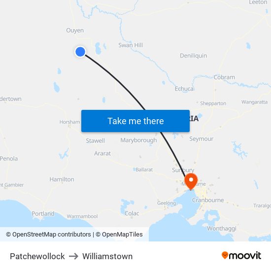 Patchewollock to Williamstown map