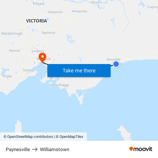 Paynesville to Williamstown map