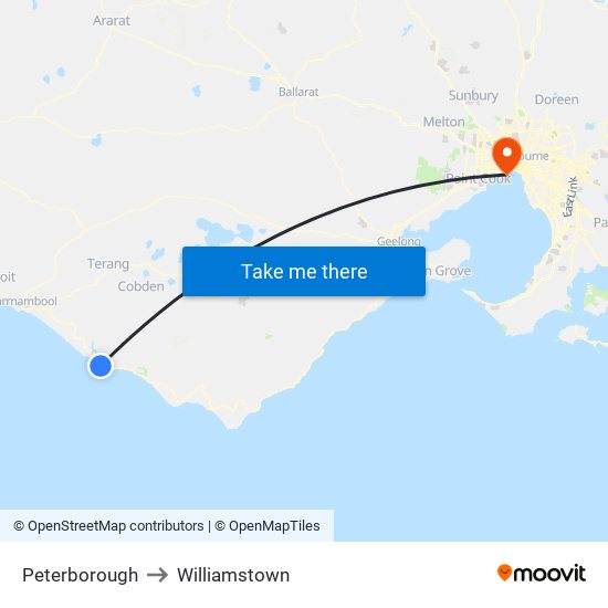 Peterborough to Williamstown map