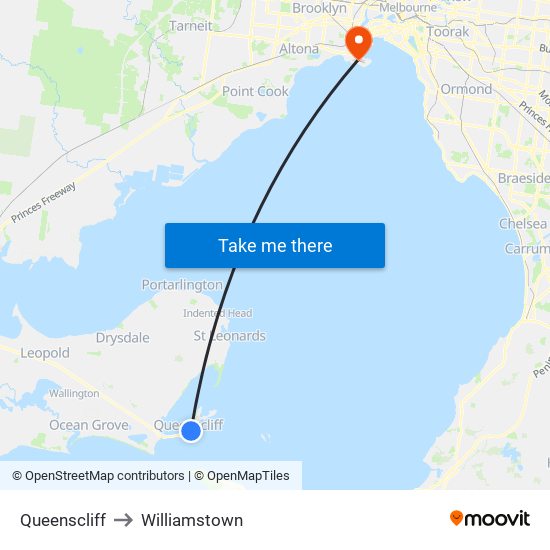 Queenscliff to Williamstown map