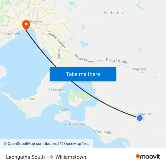 Leongatha South to Williamstown map