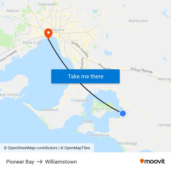 Pioneer Bay to Williamstown map