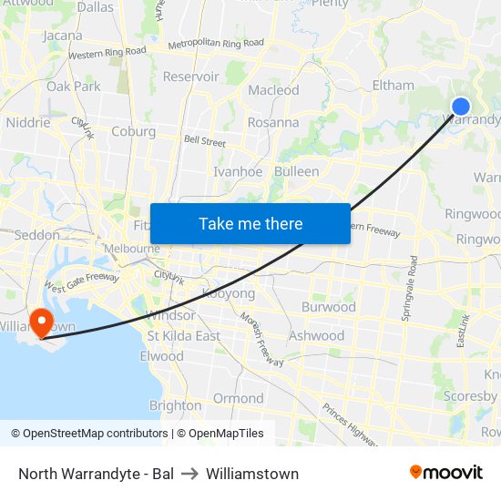 North Warrandyte - Bal to Williamstown map