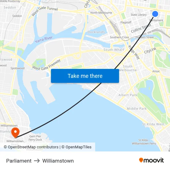 Parliament to Williamstown map