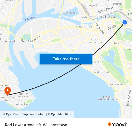 Rod Laver Arena to Williamstown map