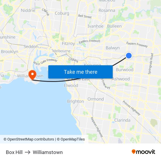 Box Hill to Williamstown map