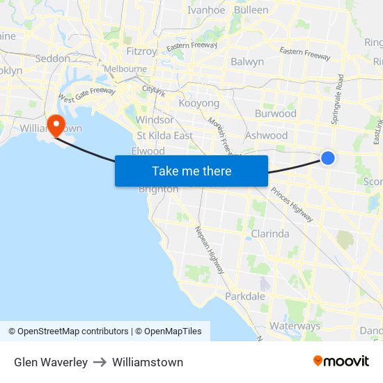 Glen Waverley to Williamstown map