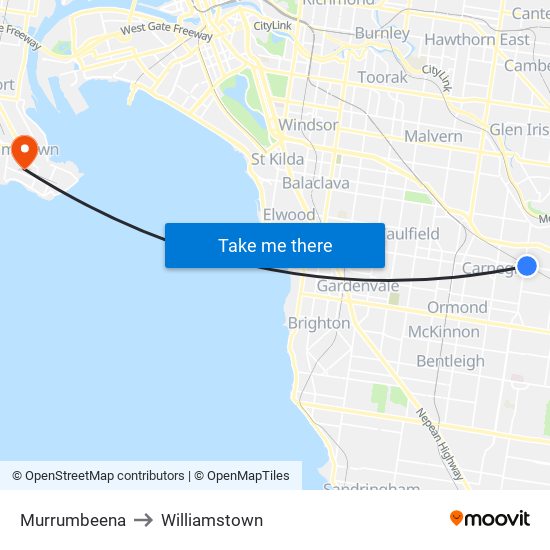 Murrumbeena to Williamstown map