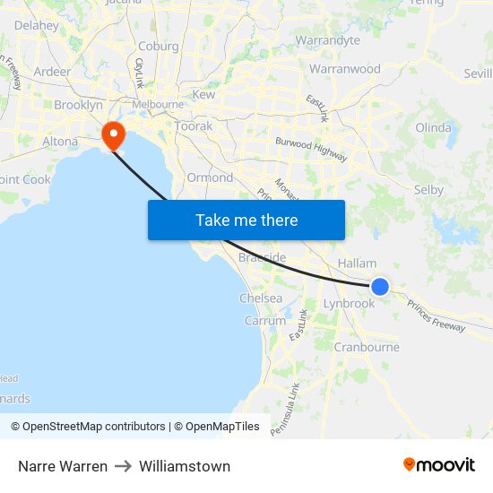 Narre Warren to Williamstown map