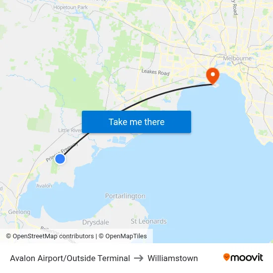 Avalon Airport/Outside Terminal to Williamstown map